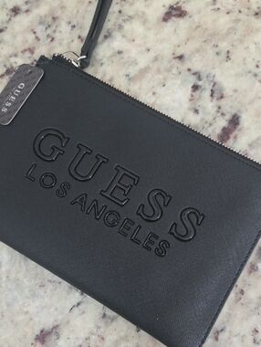 Guess Black Embossed Los Angeles Zip Wristlet NWT